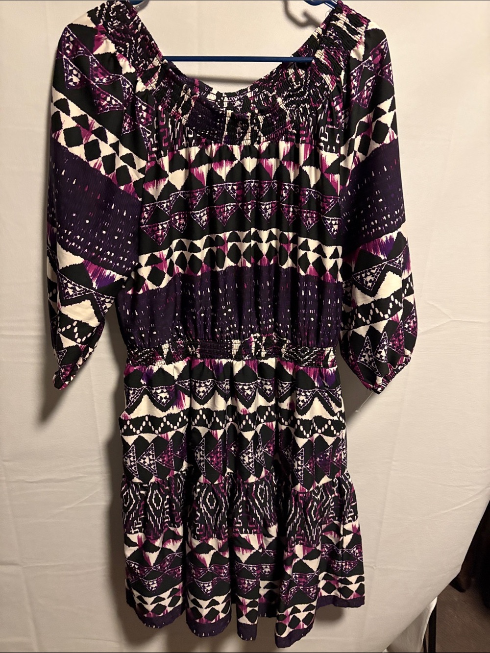 Context Purple, White and Black Geometric Smocked Casual Dress